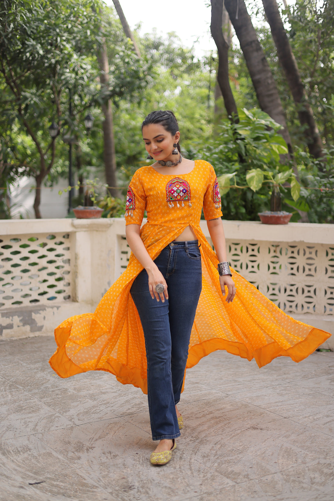 Bandhani Festive Long Kurti with Kutchi Patchwork for Navratri – Mayara Women Clothing