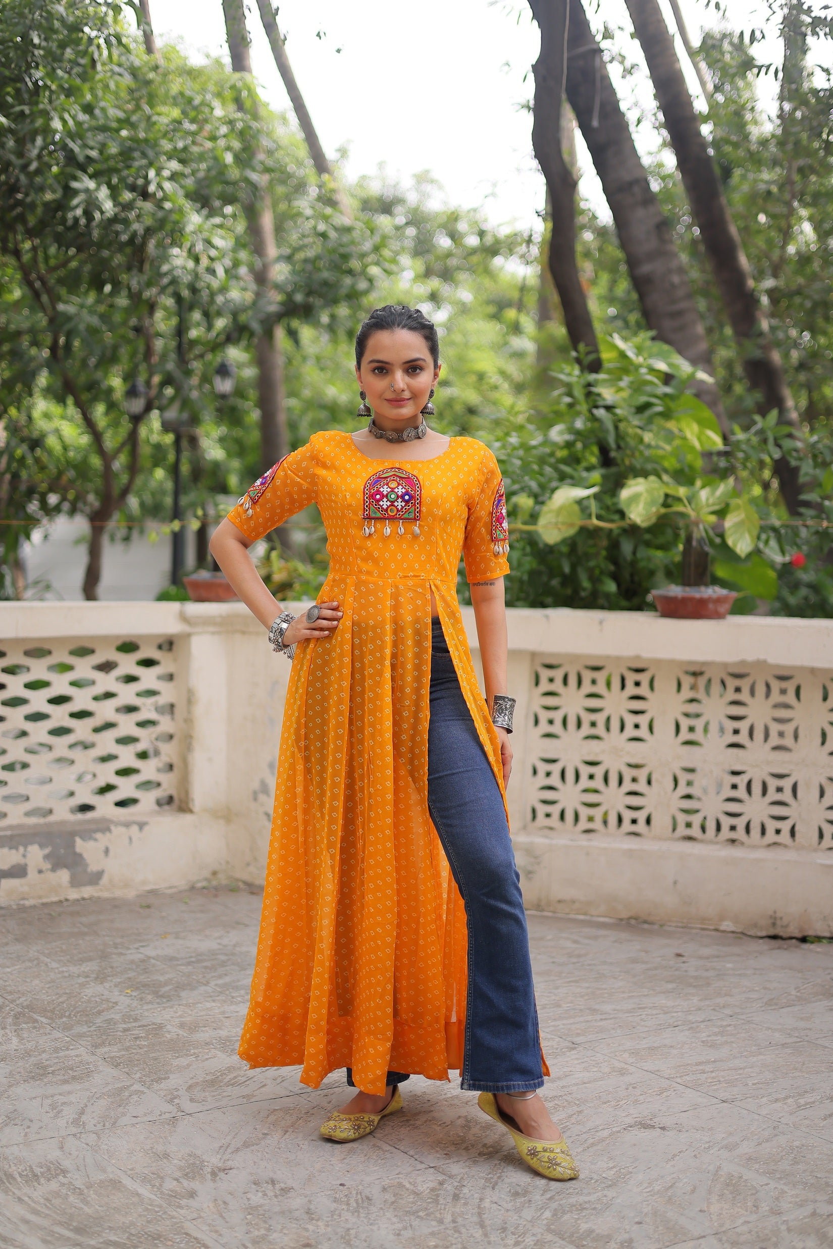 Bandhani Festive Long Kurti with Kutchi Patchwork for Navratri – Mayara Women Clothing