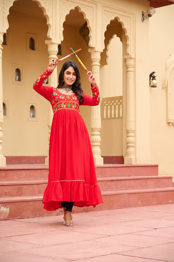 Navratri Special Red Kutchi Gamthi Work Long Rayon Kurti – Mayara Women Clothing