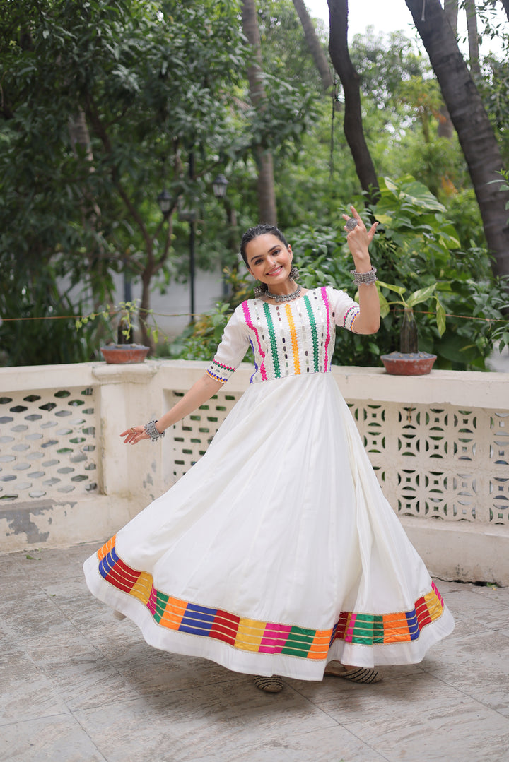 Navratri Special White Roman Fabric Mirror Work Gown with Multicolor Thread Embroidery – Mayara Women Clothing