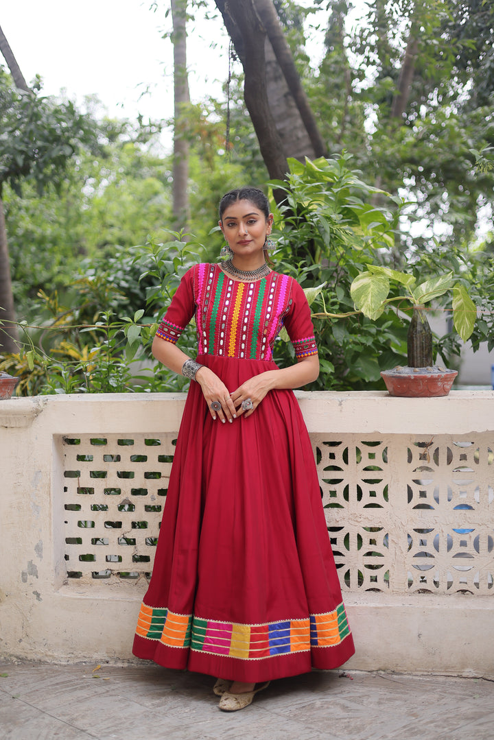 Navratri Special Maroon Roman Fabric Mirror Work Gown with Multicolor Thread Embroidery – Mayara Women Clothing