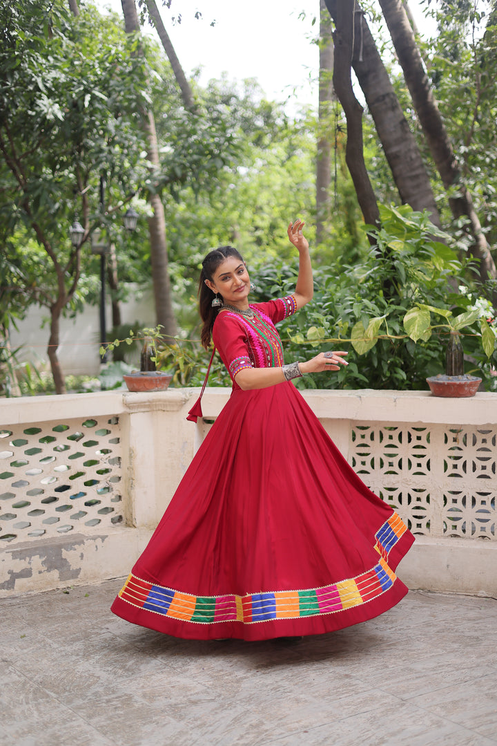 Navratri Special Maroon Roman Fabric Mirror Work Gown with Multicolor Thread Embroidery – Mayara Women Clothing