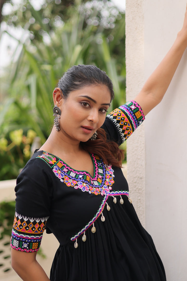 Black Rayon Kurti with Kutchi Gamthi Work for Navratri | Mayara Women Clothing