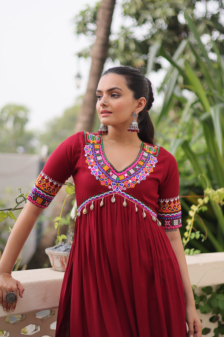 Maroon Rayon Kurti with Kutchi Gamthi Work for Navratri | Mayara Women Clothing