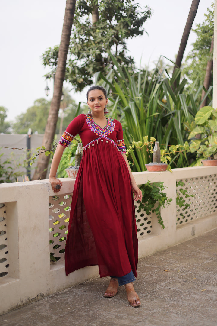 Maroon Rayon Kurti with Kutchi Gamthi Work for Navratri | Mayara Women Clothing