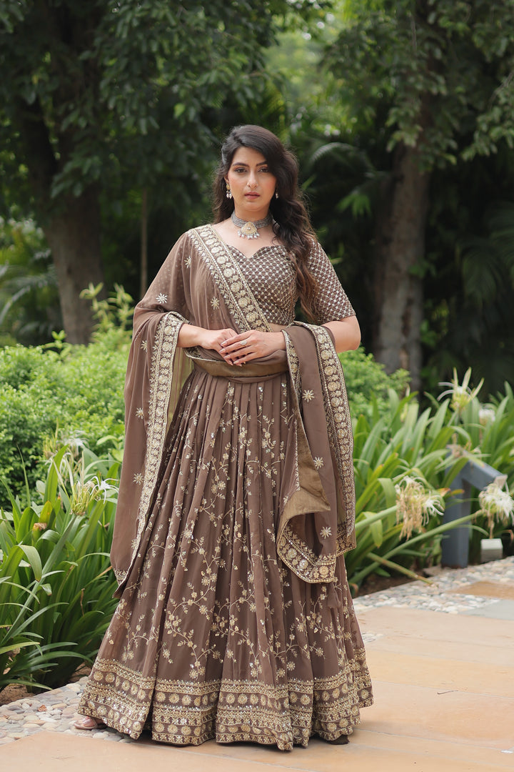 Brown Faux Blooming Embroidered Lehenga Choli with Sequins & Thread Work – Mayara Women Clothing (Wedding & Party Wear)