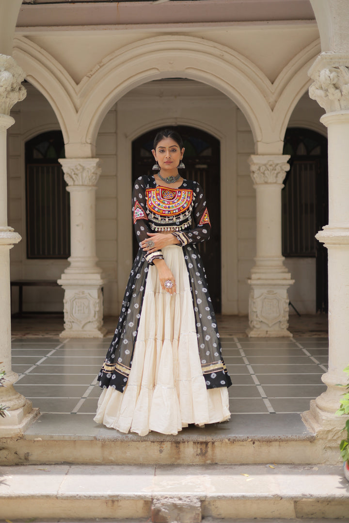 Traditional Bandhani Print Navratri Lehenga Kurti Set with Kutchi Patchwork - Mayara Women Clothing