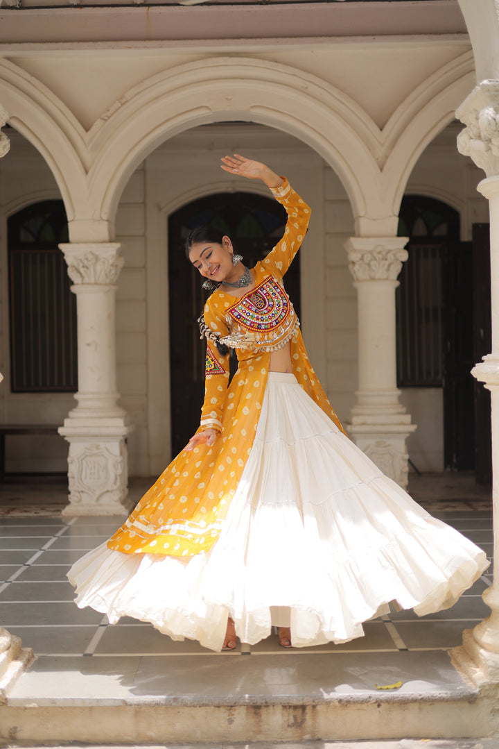 Traditional Bandhani Print Navratri Lehenga Kurti Set with Kutchi Patchwork - Mayara Women Clothing