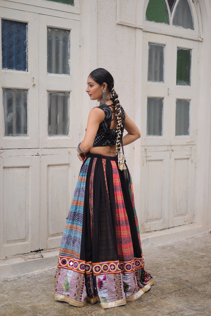 Navratri Lehenga – Georgette Print with Gamthi Embroidery | Festive Full-Stitched Set