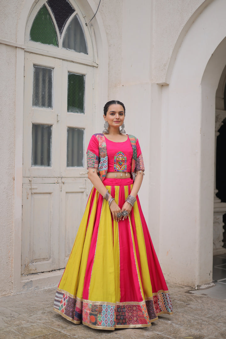 Navratri Lehenga – Roman Fabric with Maslin Crochet & Gotta Work