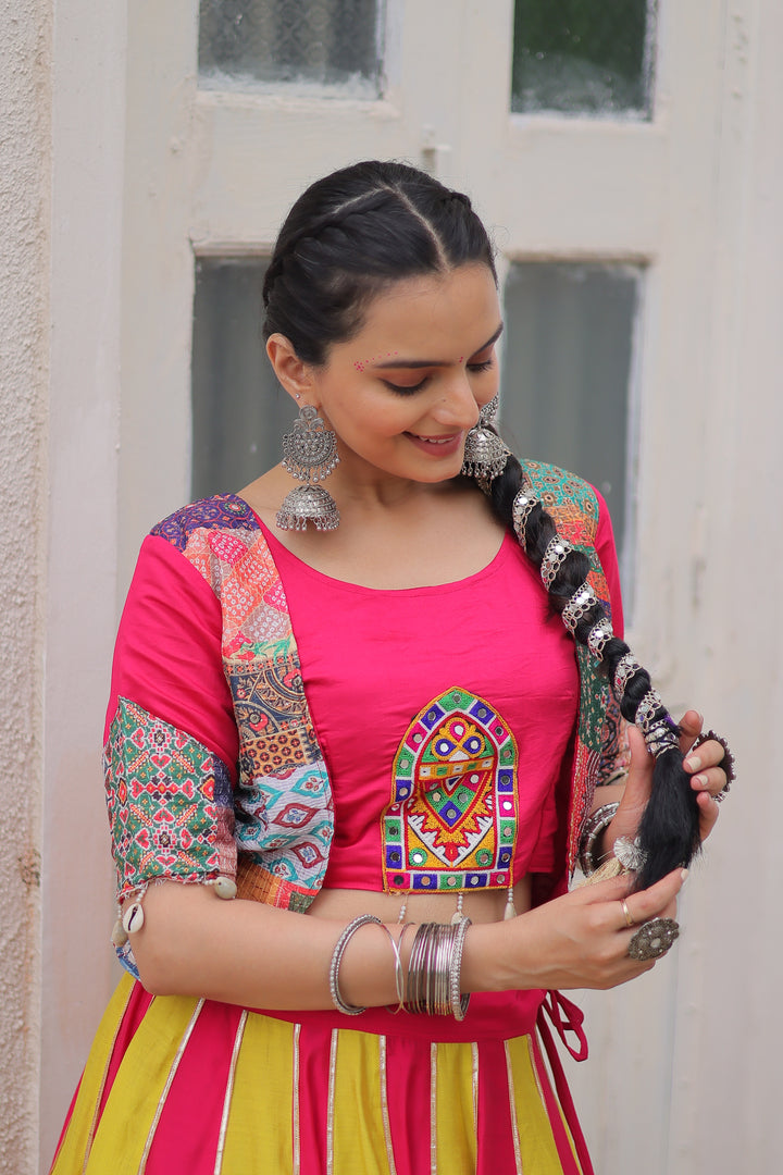 Navratri Lehenga – Roman Fabric with Maslin Crochet & Gotta Work