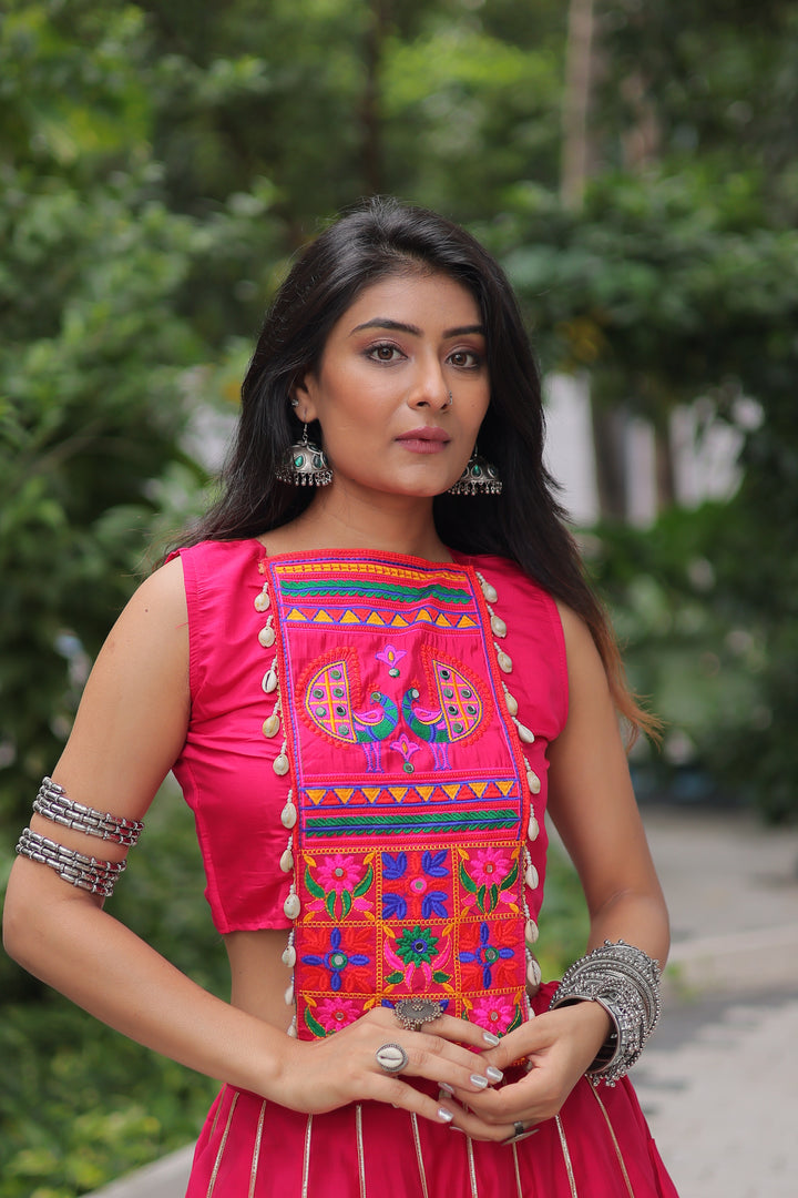 Pink Navratri Lehenga – Roman Fabric with Gota & Embroidery | Sleeveless Top