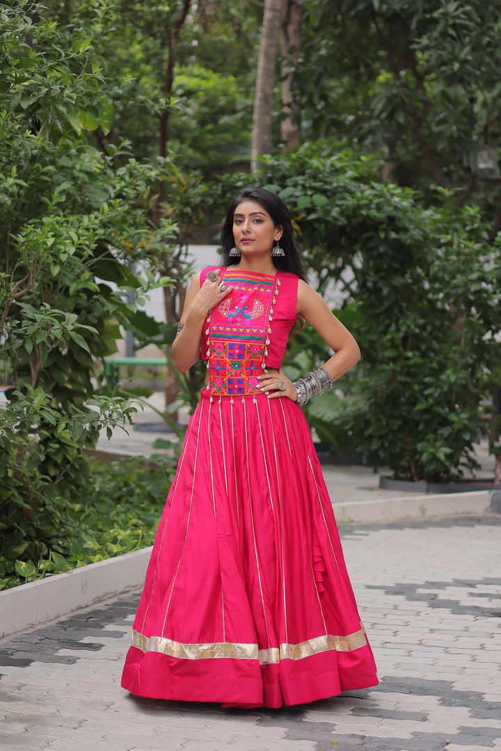 Pink Navratri Lehenga – Roman Fabric with Gota & Embroidery | Sleeveless Top