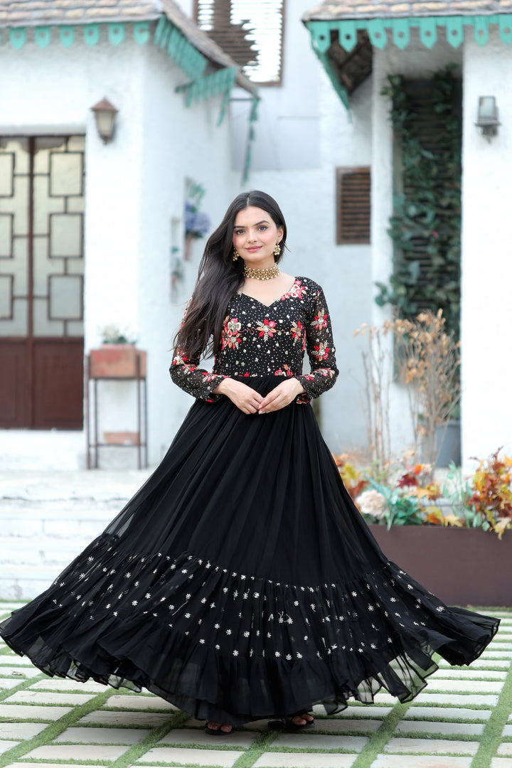 Black Embroidered Lehenga Gown for Women – Full Sleeve Party Wear Dress for Wedding & Festive Look