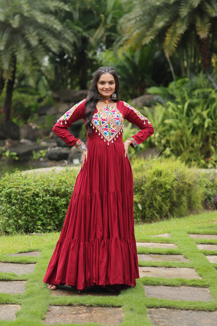 Kutchi Gamthi Embroidered Frill Gown with 12-Meter Flair – Mayara Women Clothing