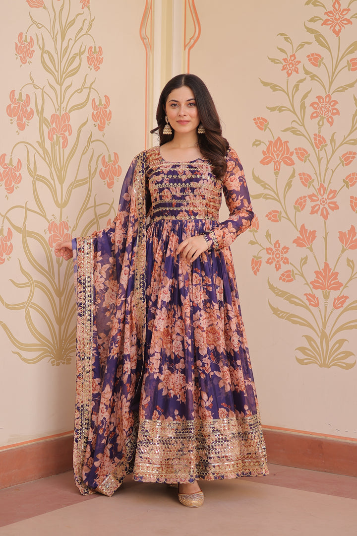 Purple Floral Russian Silk Anarkali Gown with Embroidered Sequin Dupatta