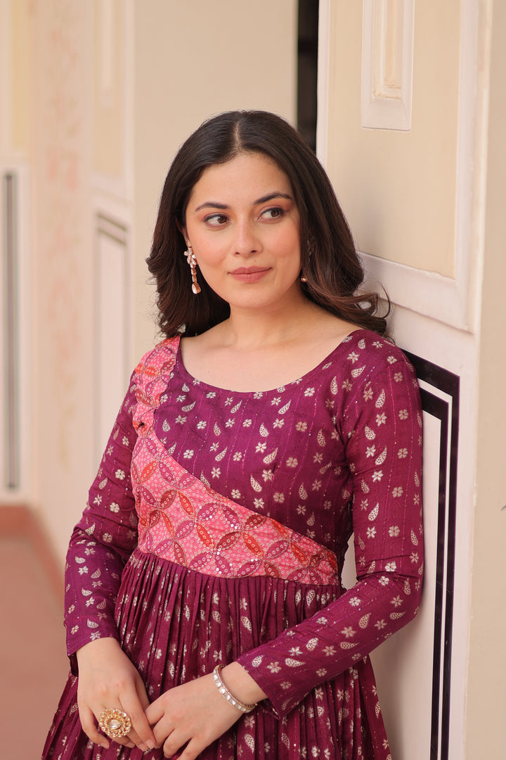 Rama Green Cotton Anarkali Style Printed Gown with Mirror Work Yoke – Long Ethnic Dress for Women