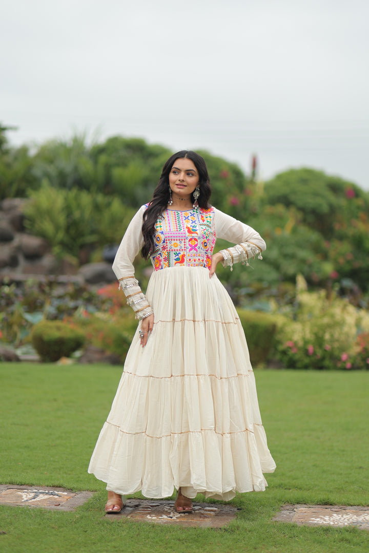 Multi-Thread Embroidered Kora Cotton Frill Gown with 12-Meter Flair – Mayara Women Clothing