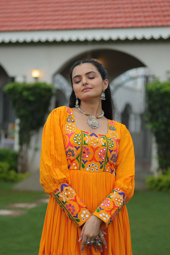 Perot Green Navratri Embroidered Gown with Kutchi Gamthi Work – 12 Meter Flair | Mayara Women Clothing