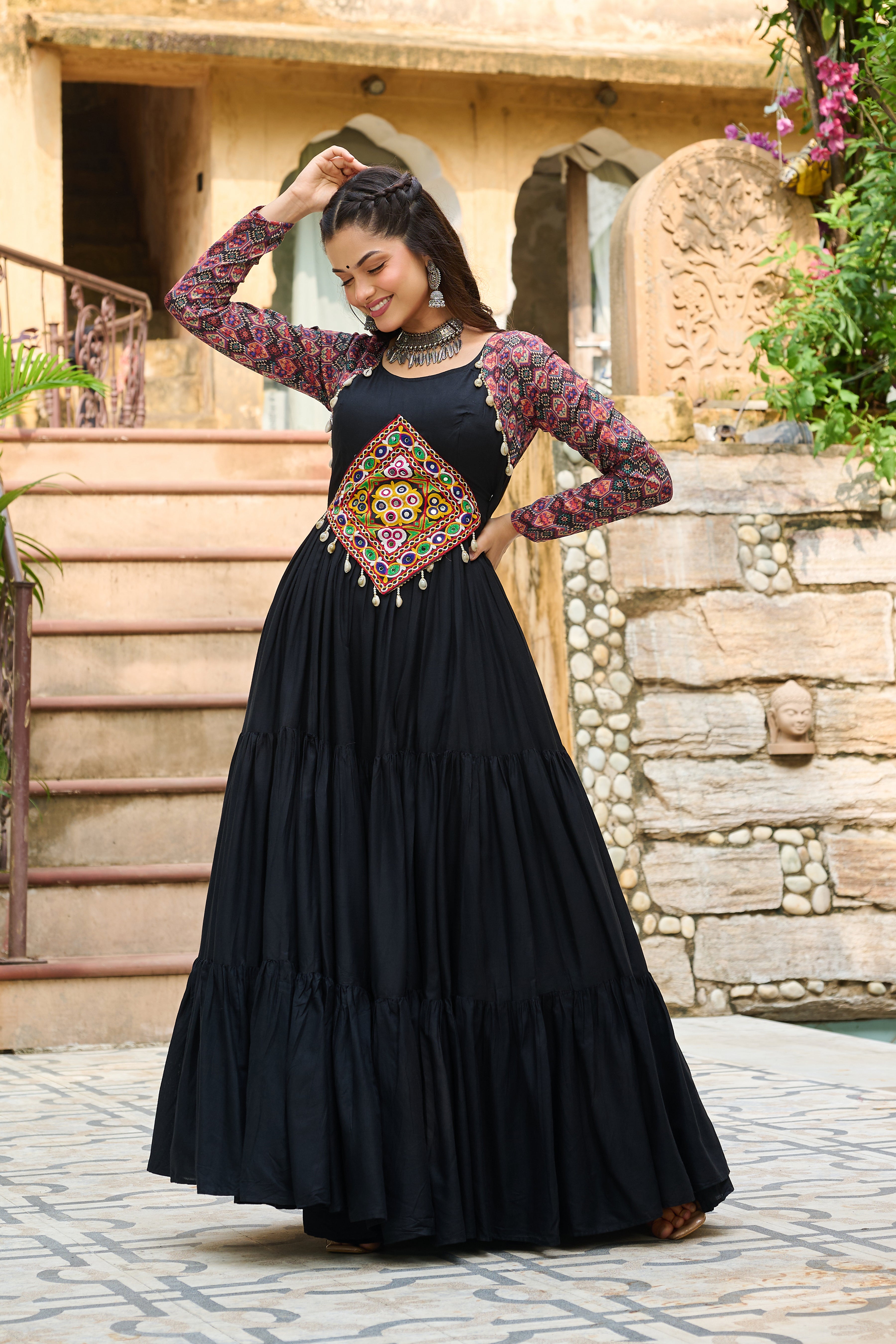 Navratri Special Black Embroidered Gown with Kutchi Work – 12 Meter Flair | Mayara Women Clothing