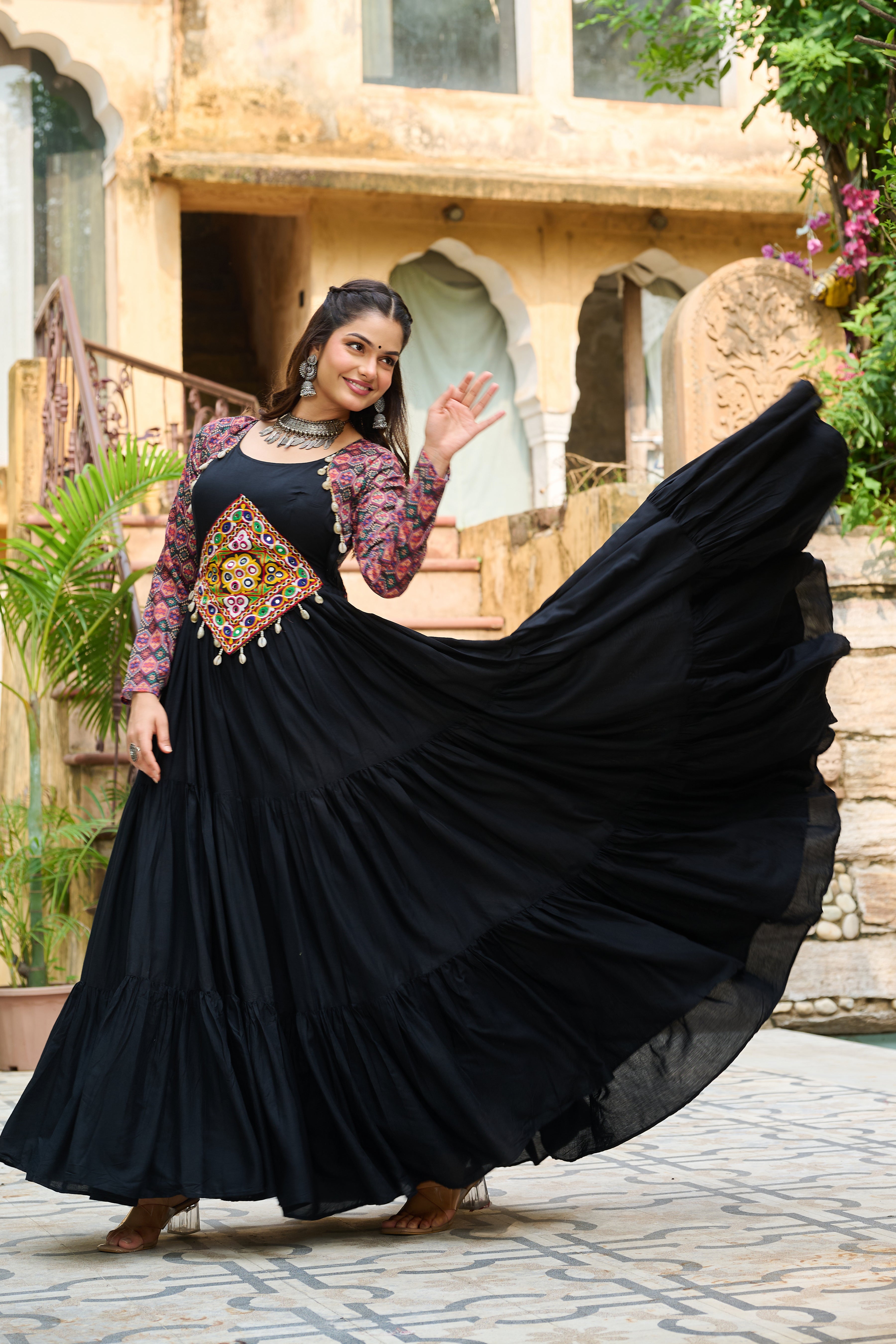 Navratri Special Black Embroidered Gown with Kutchi Work – 12 Meter Flair | Mayara Women Clothing