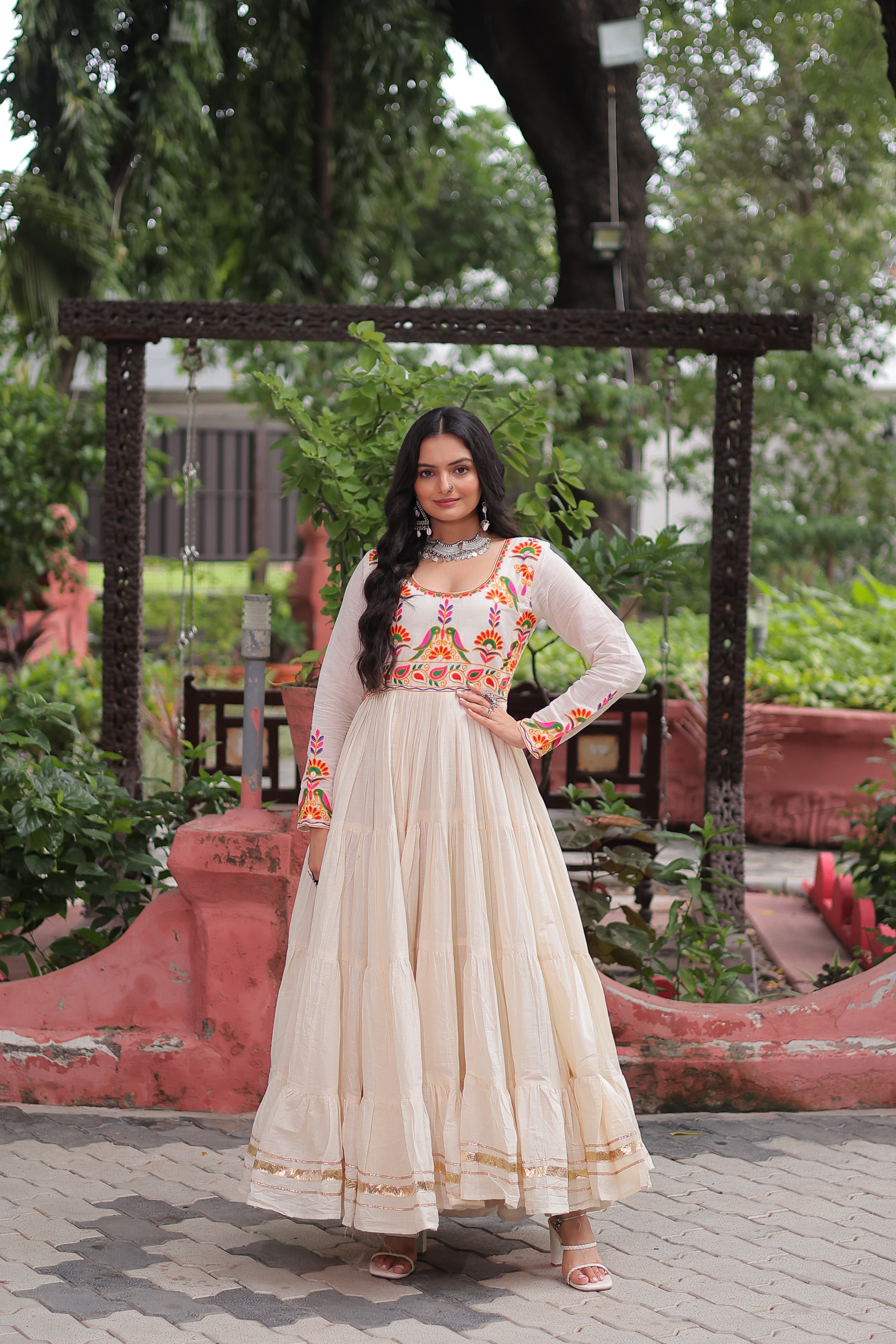 Off-White Kora Cotton Embroidered Gown for Navratri – Heavy Flair Anarkali Style with Gota Patti Work, Mayara Women Clothing