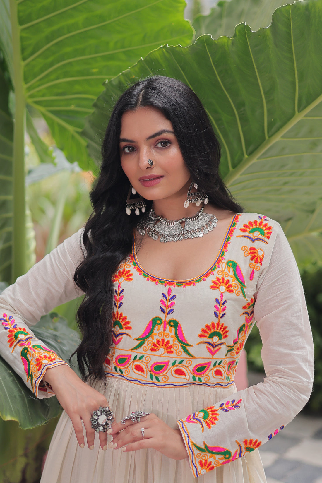 Off-White Kora Cotton Embroidered Gown for Navratri – Heavy Flair Anarkali Style with Gota Patti Work, Mayara Women Clothing