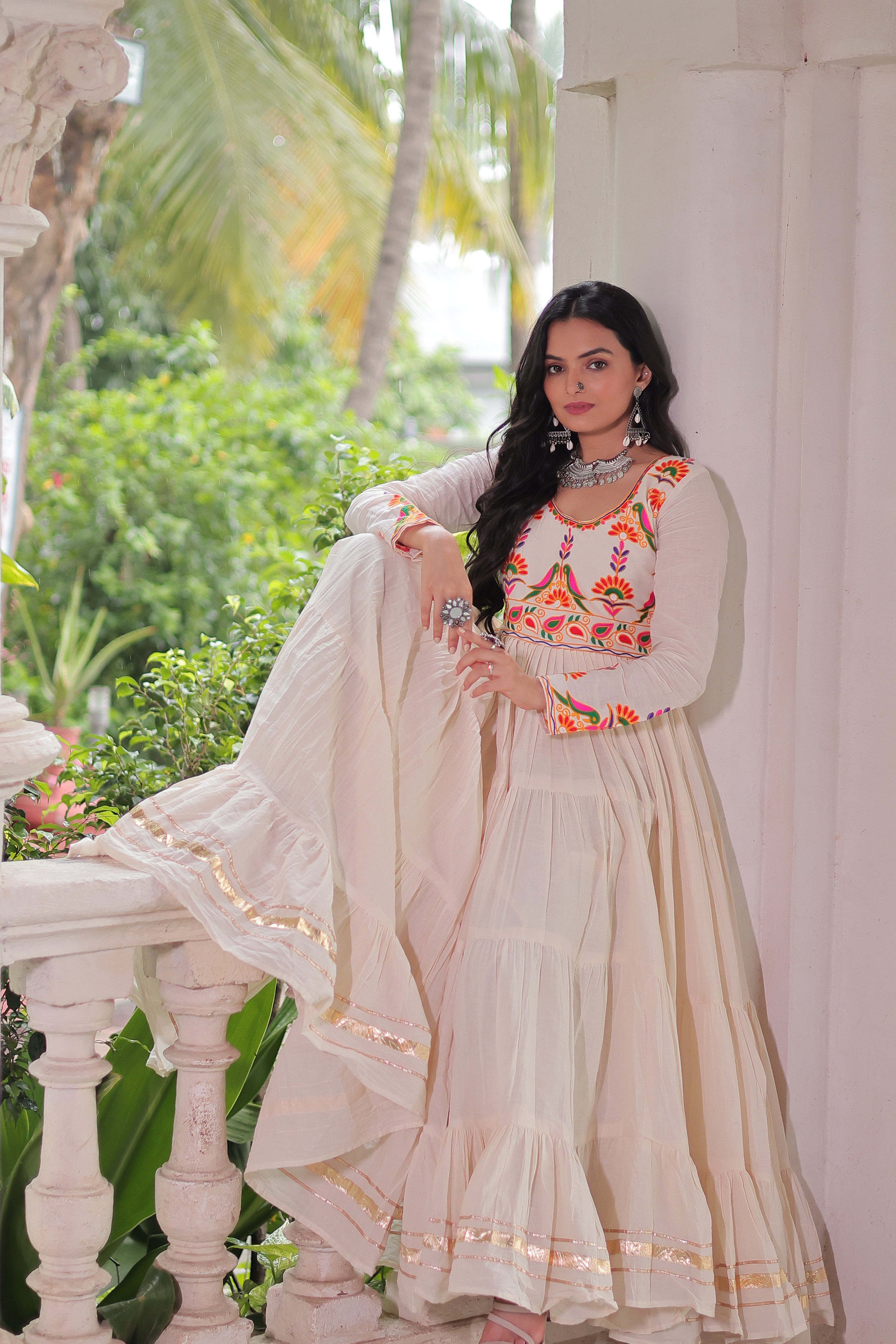Off-White Kora Cotton Embroidered Gown for Navratri – Heavy Flair Anarkali Style with Gota Patti Work, Mayara Women Clothing