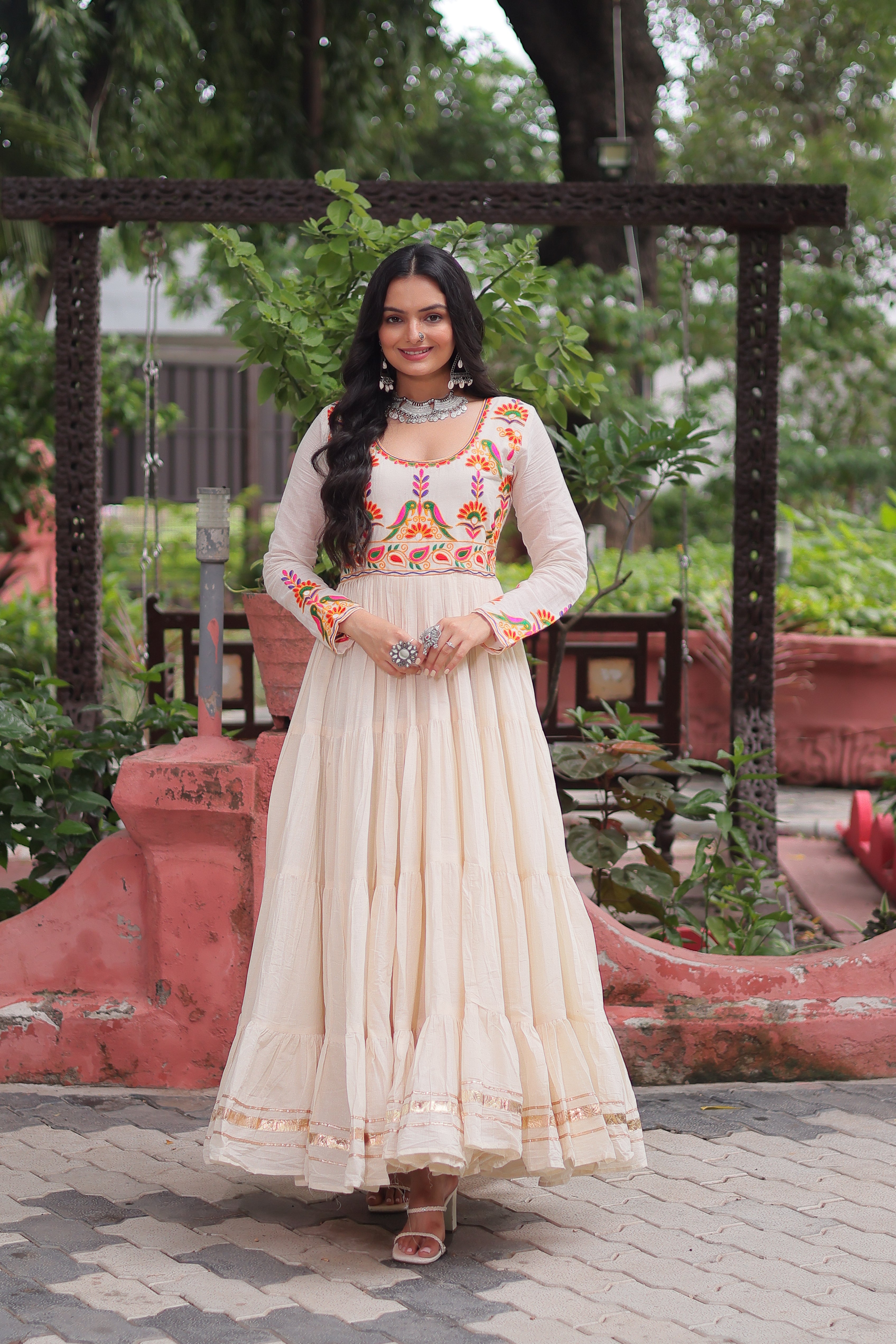 Off-White Kora Cotton Embroidered Gown for Navratri – Heavy Flair Anarkali Style with Gota Patti Work, Mayara Women Clothing