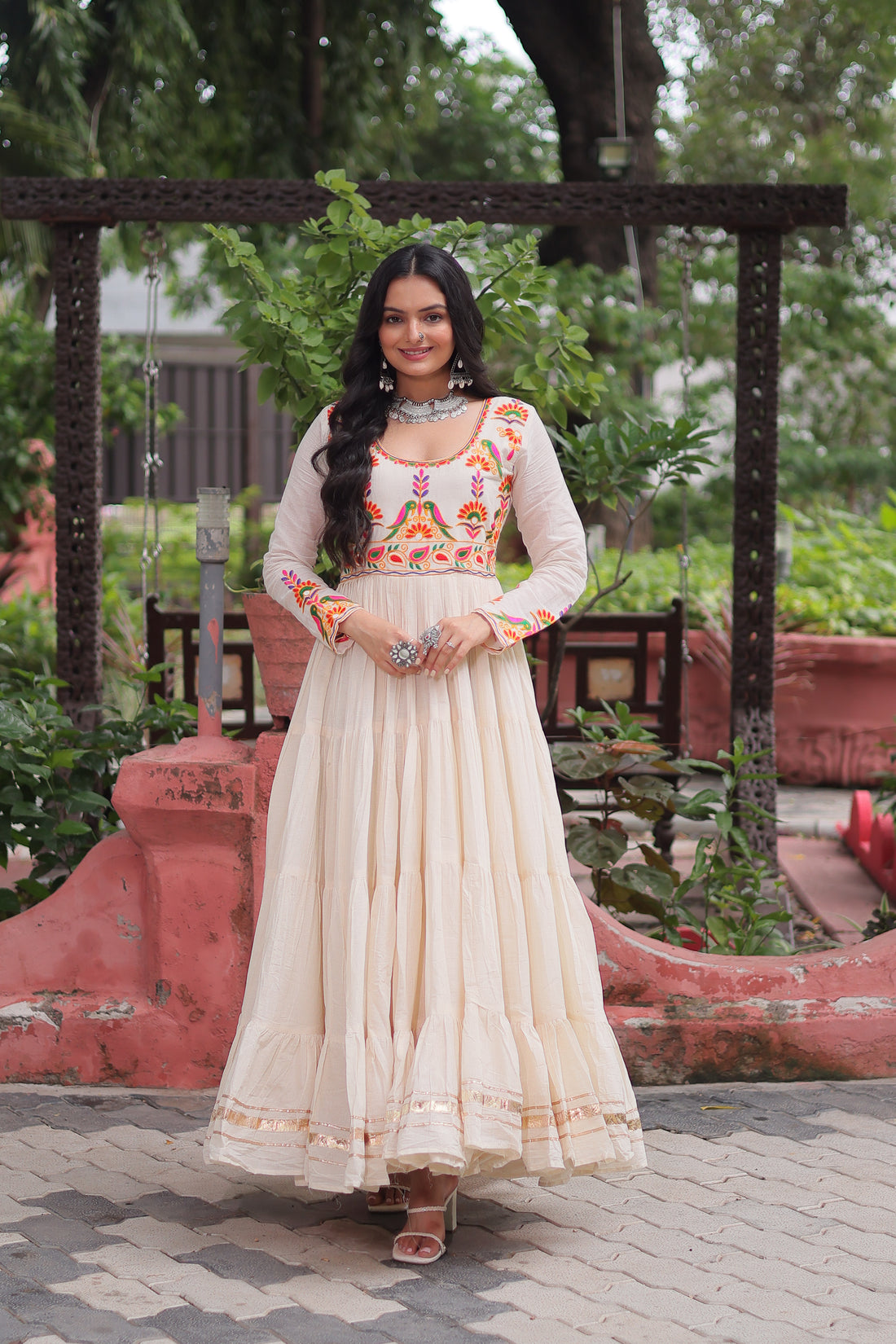 Off-White Kora Cotton Embroidered Gown for Navratri – Heavy Flair Anarkali Style with Gota Patti Work, Mayara Women Clothing
