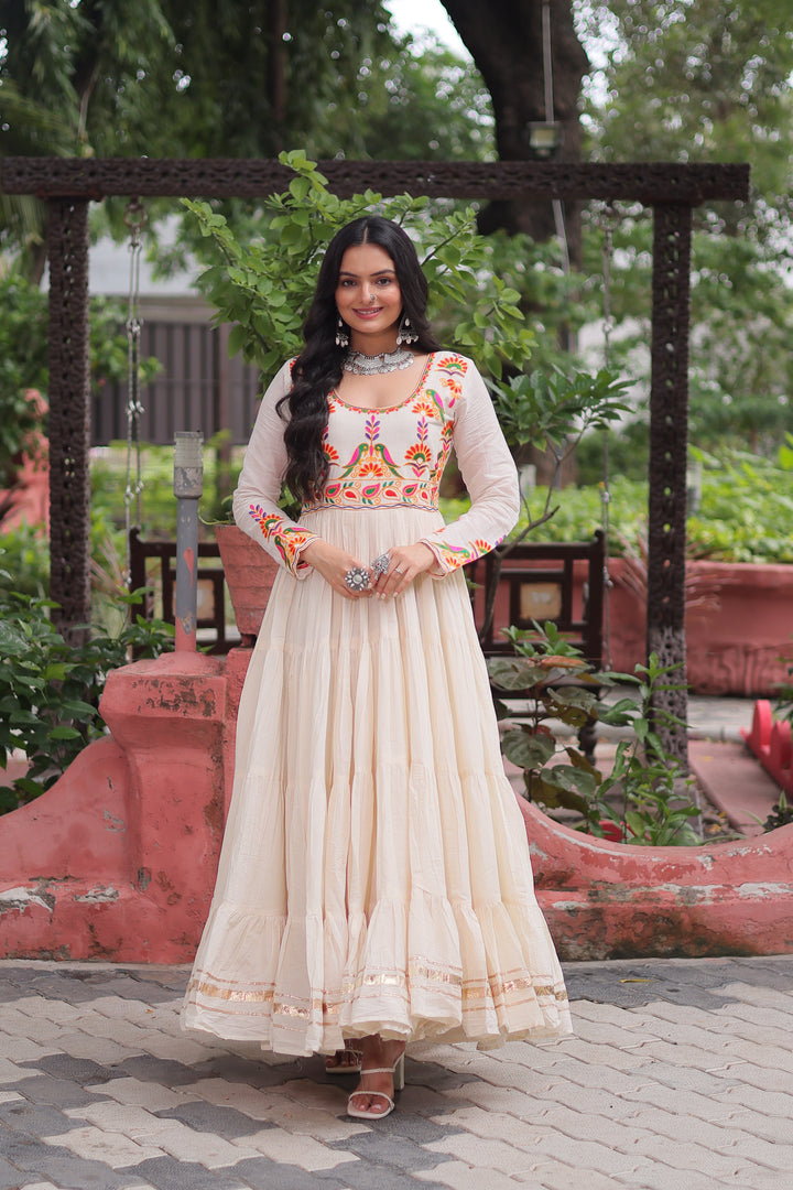 Off-White Kora Cotton Embroidered Gown for Navratri – Heavy Flair Anarkali Style with Gota Patti Work, Mayara Women Clothing