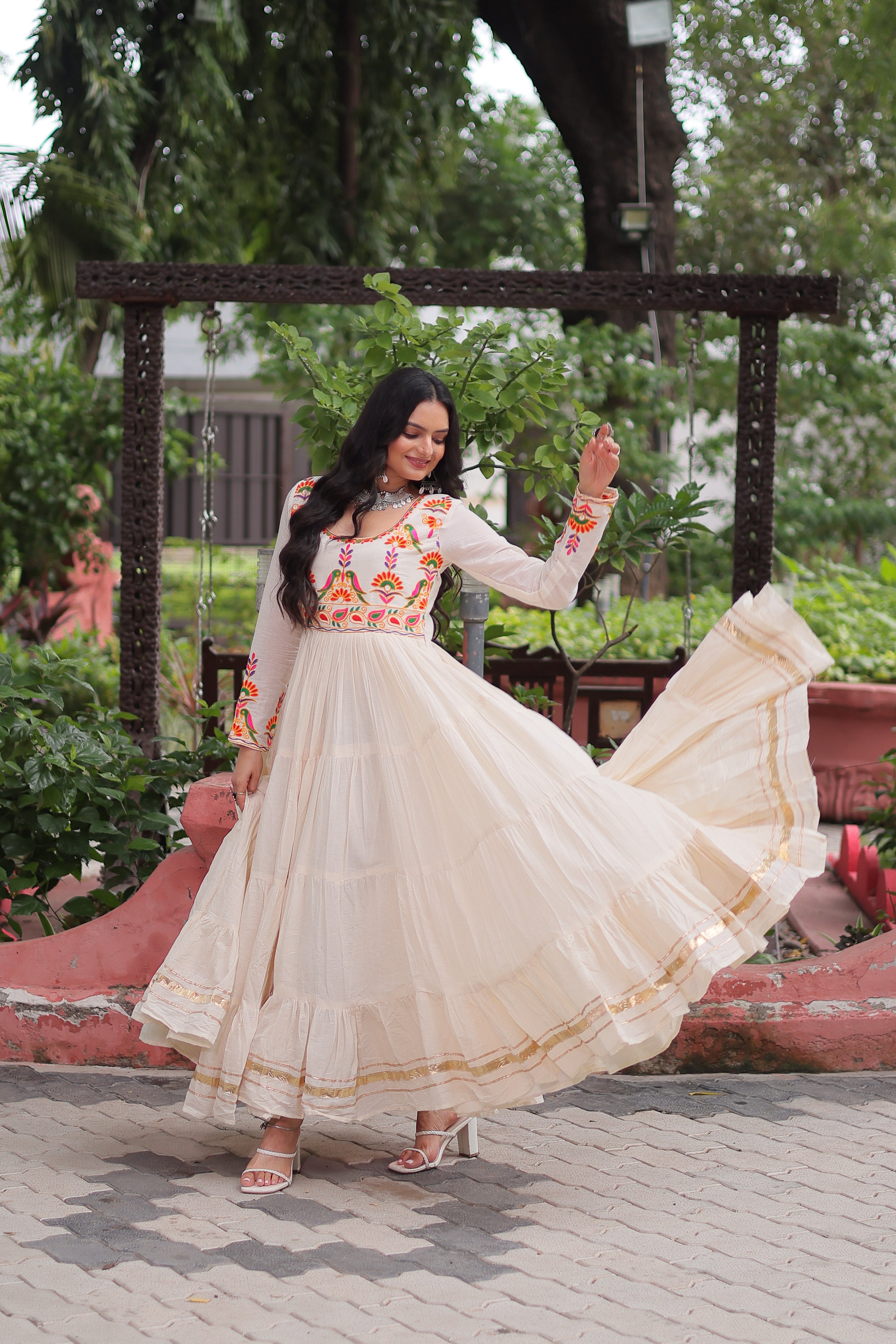 Off-White Kora Cotton Embroidered Gown for Navratri – Heavy Flair Anarkali Style with Gota Patti Work, Mayara Women Clothing