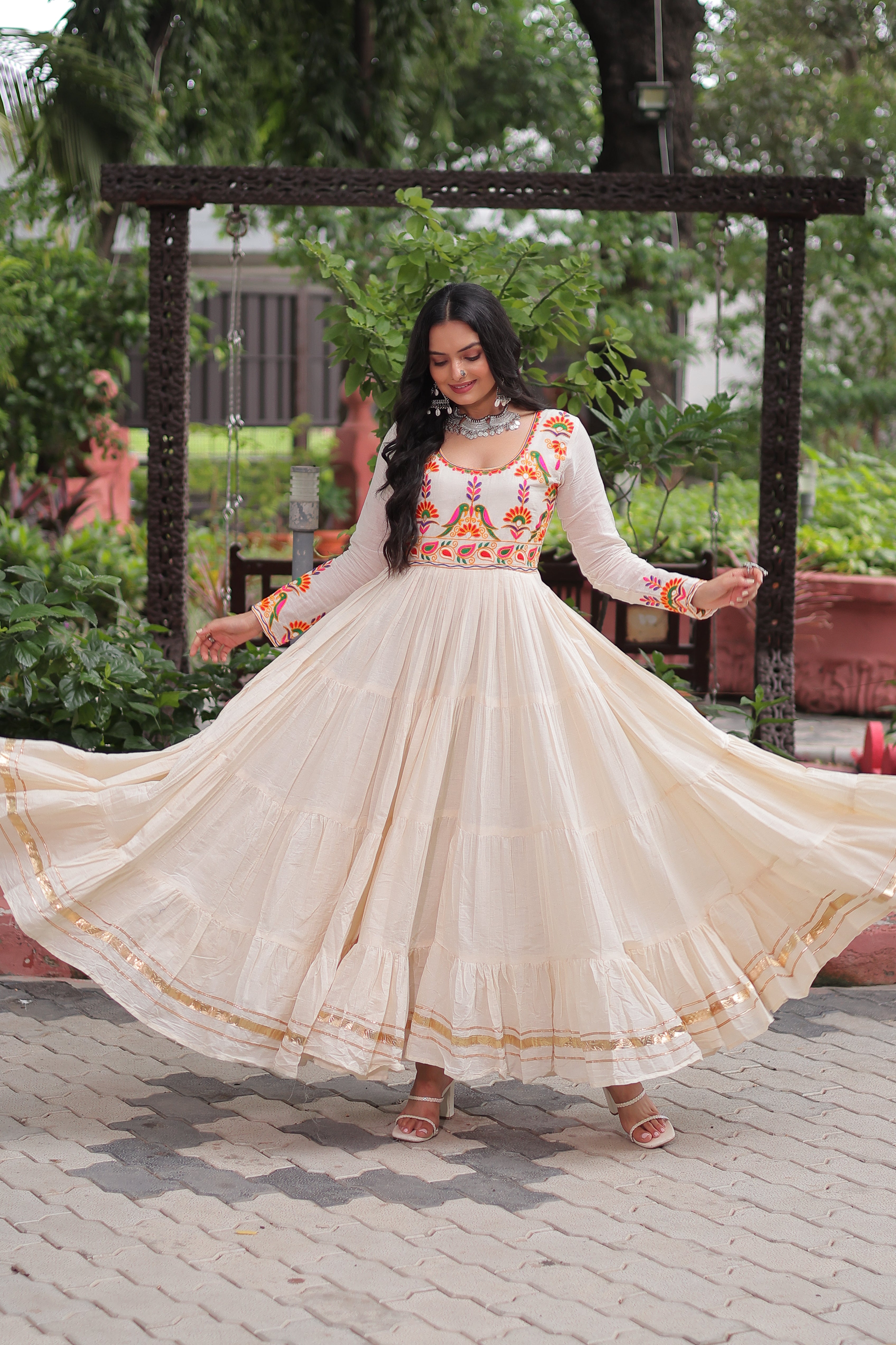Off-White Kora Cotton Embroidered Gown for Navratri – Heavy Flair Anarkali Style with Gota Patti Work, Mayara Women Clothing