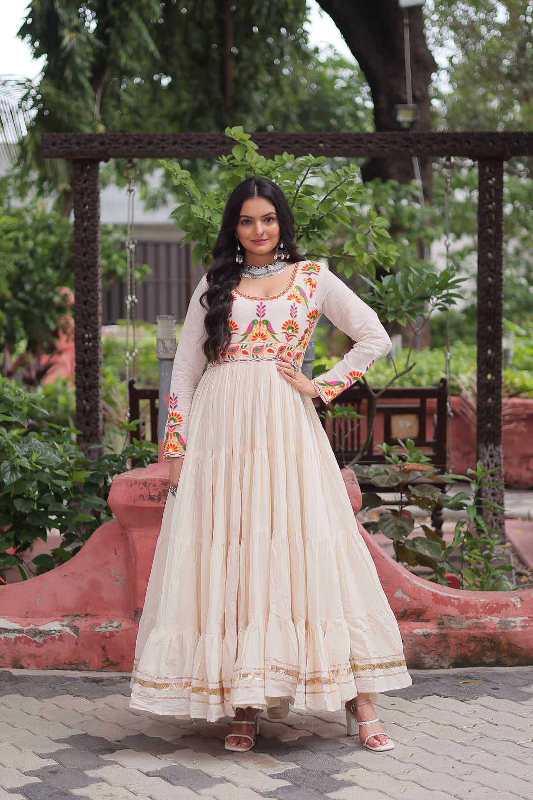 Off-White Kora Cotton Embroidered Gown for Navratri – Heavy Flair Anarkali Style with Gota Patti Work, Mayara Women Clothing