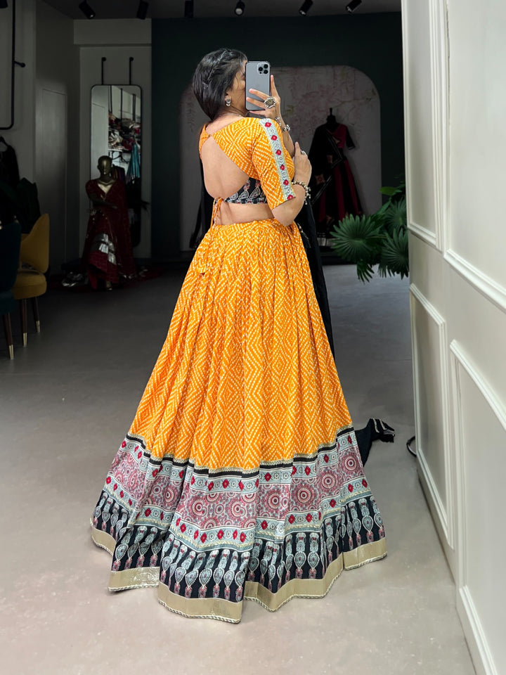 Yellow Bandhej Ajarakh Print Rayon Lehenga Choli with Chanderi Dupatta | Mayara Women Clothing