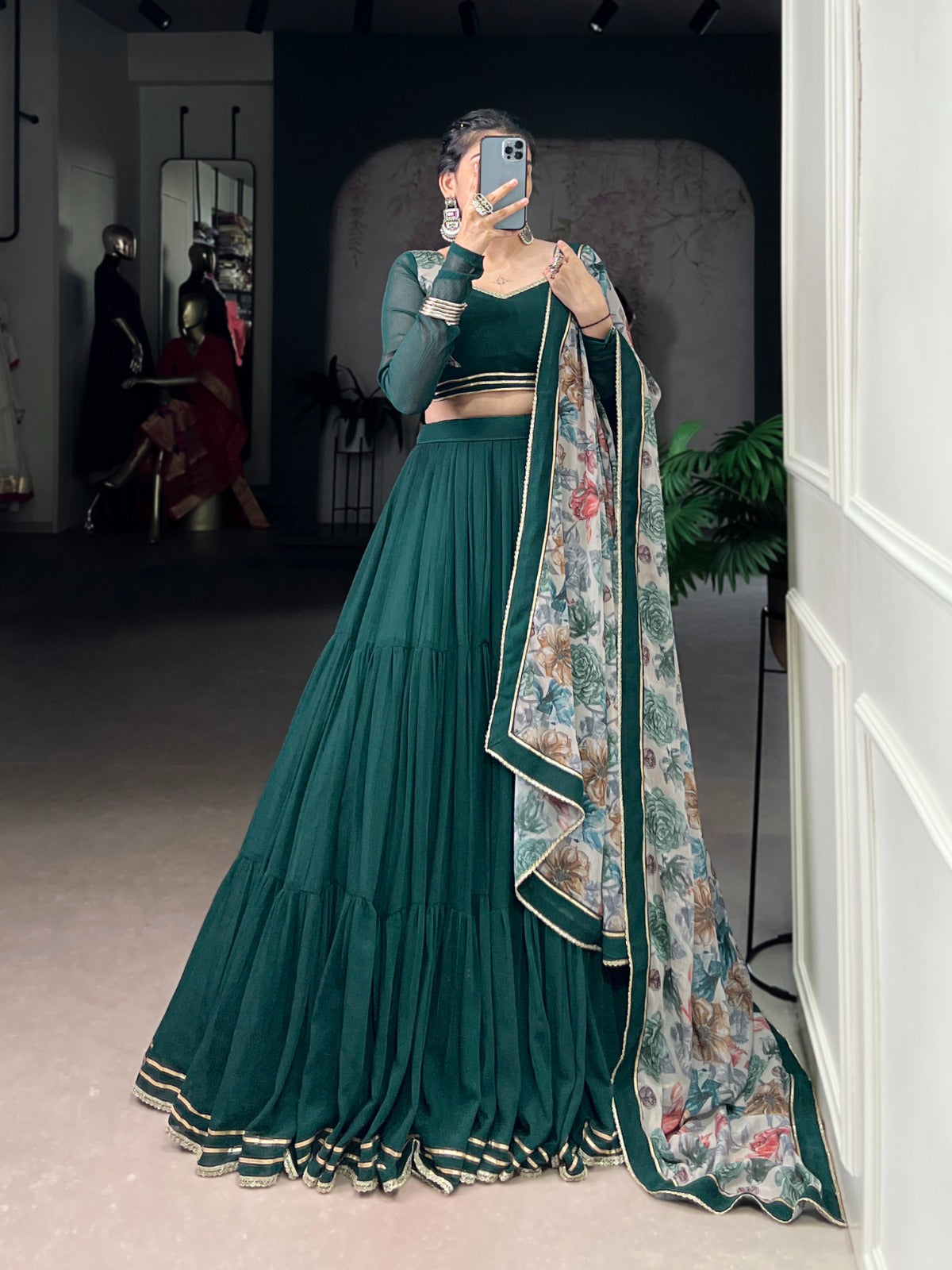Dark Green Marble Lehenga Choli with Floral Printed Dupatta for Navratri – Mayara Women Clothing