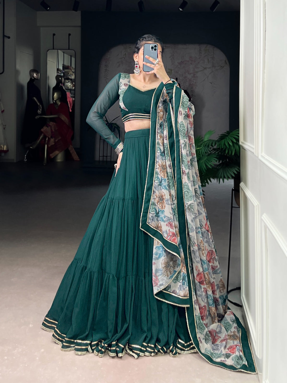 Dark Green Marble Lehenga Choli with Floral Printed Dupatta for Navratri – Mayara Women Clothing