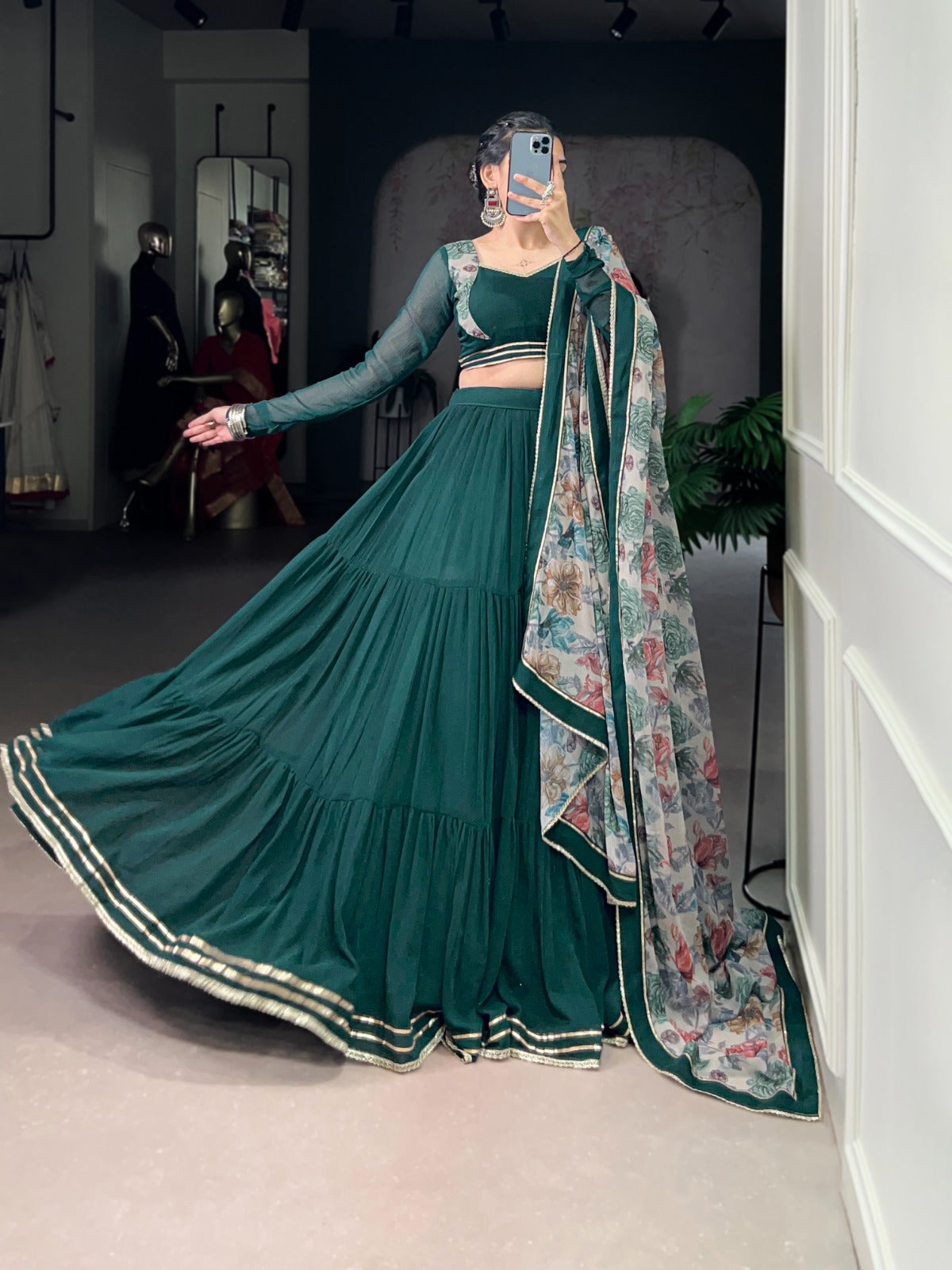 Dark Green Marble Lehenga Choli with Floral Printed Dupatta for Navratri – Mayara Women Clothing