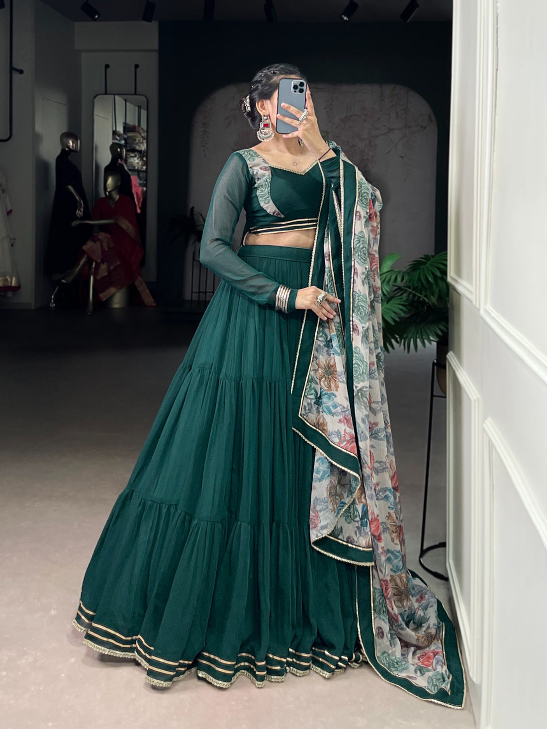 Dark Green Marble Lehenga Choli with Floral Printed Dupatta for Navratri – Mayara Women Clothing