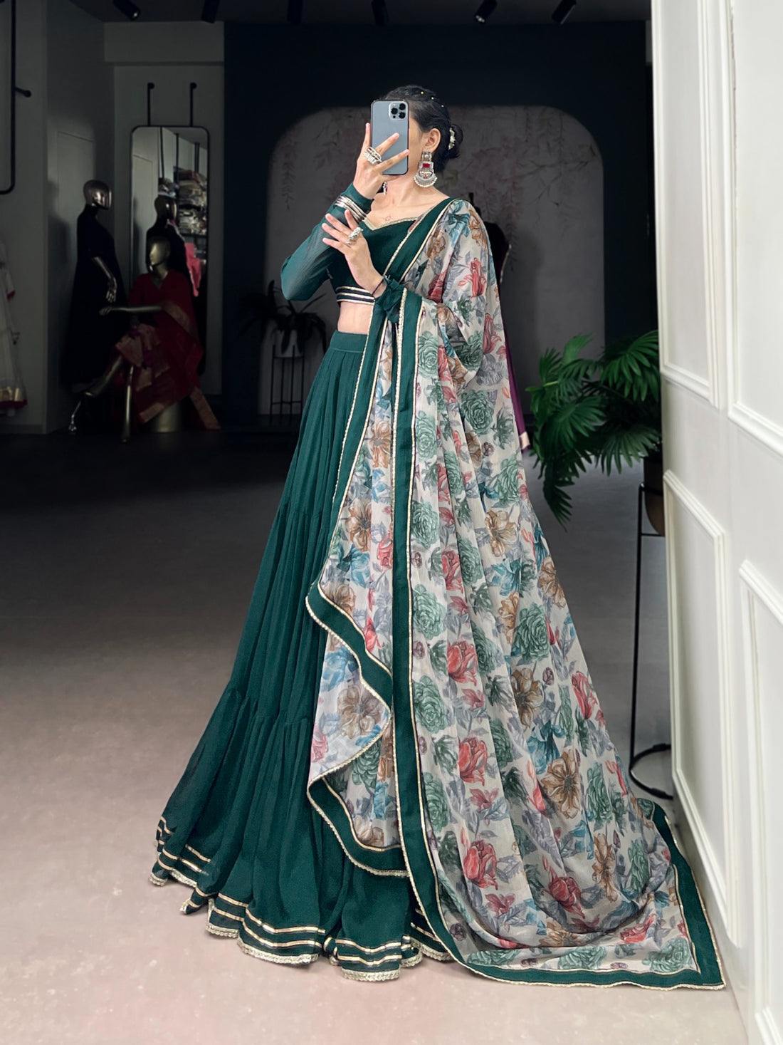 Dark Green Marble Lehenga Choli with Floral Printed Dupatta for Navratri – Mayara Women Clothing