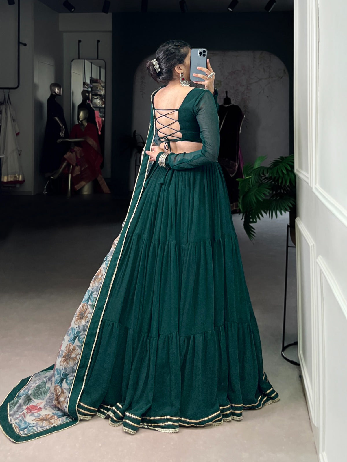 Dark Green Marble Lehenga Choli with Floral Printed Dupatta for Navratri – Mayara Women Clothing