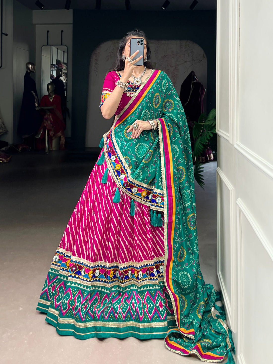 Navratri Special Pink & Green Lehenga Choli with Real Mirror Work | Mayara Women Clothing