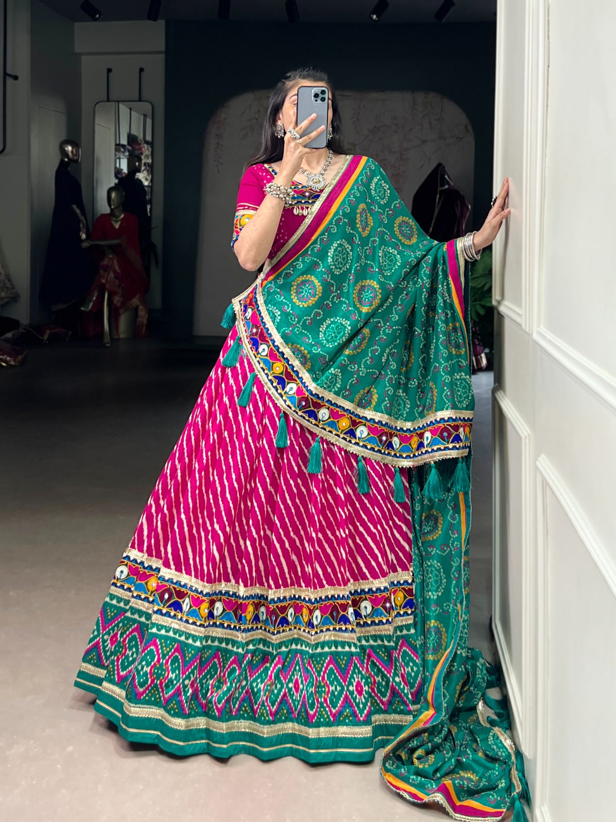 Navratri Special Pink & Green Lehenga Choli with Real Mirror Work | Mayara Women Clothing
