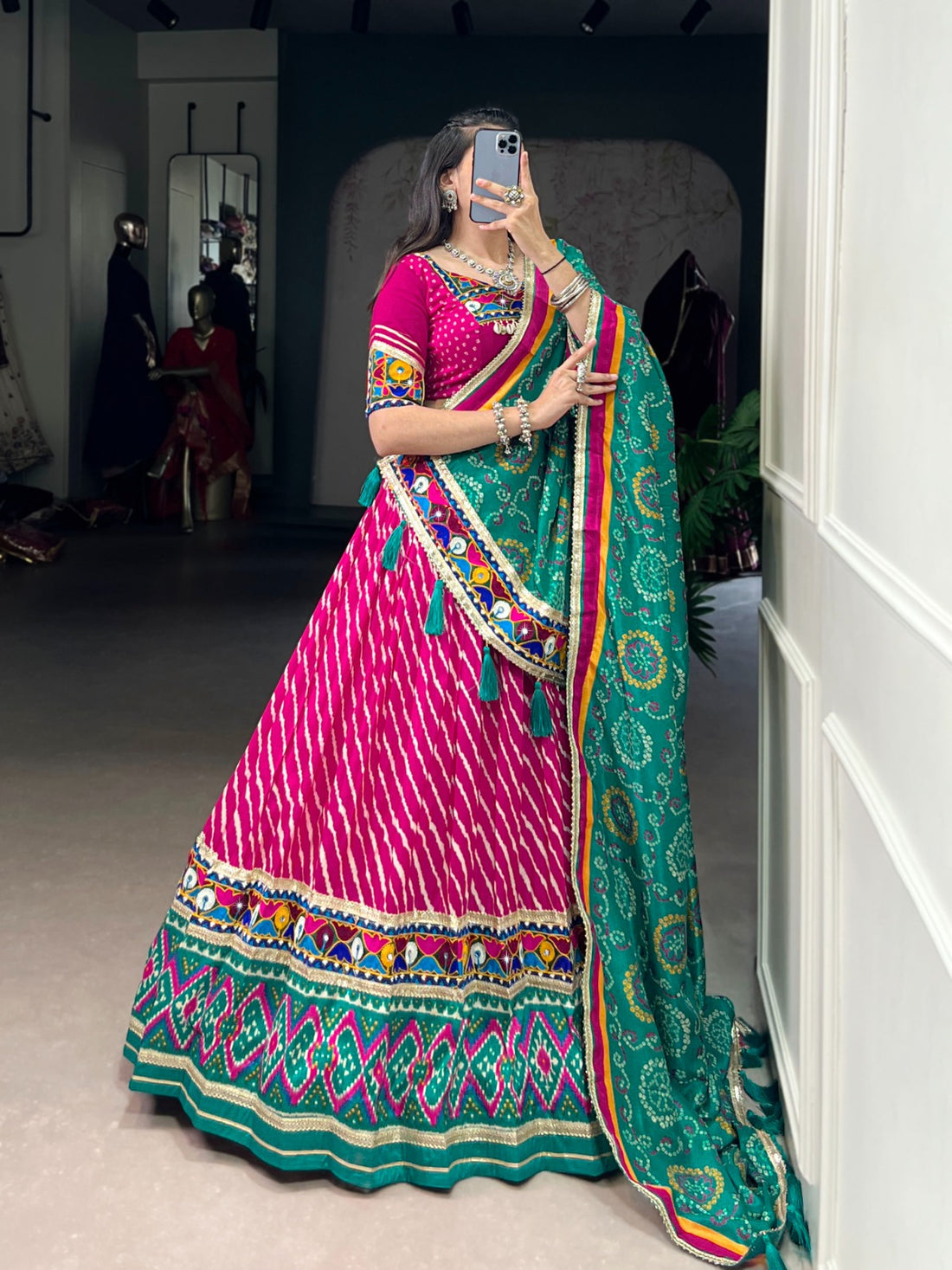 Navratri Special Pink & Green Lehenga Choli with Real Mirror Work | Mayara Women Clothing