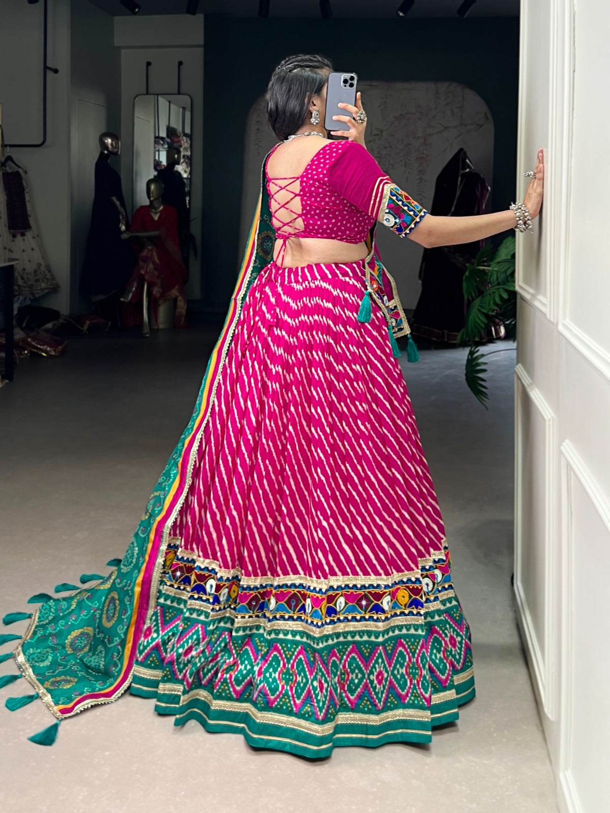 Navratri Special Pink & Green Lehenga Choli with Real Mirror Work | Mayara Women Clothing