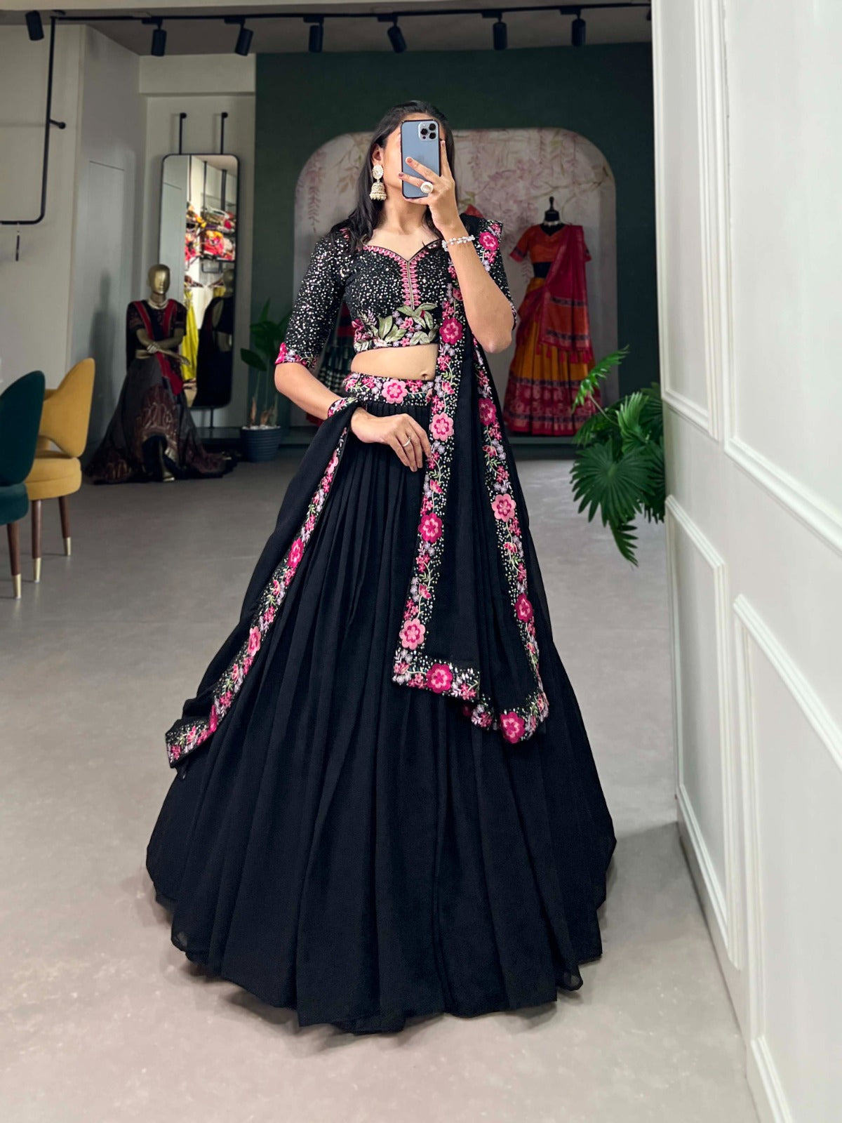 Black Georgette Navratri Lehenga Choli with Sequins & Embroidery Work – Mayara Women Clothing