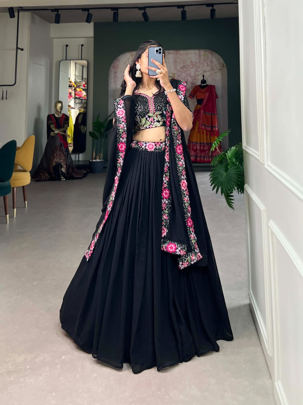Black Georgette Navratri Lehenga Choli with Sequins & Embroidery Work – Mayara Women Clothing