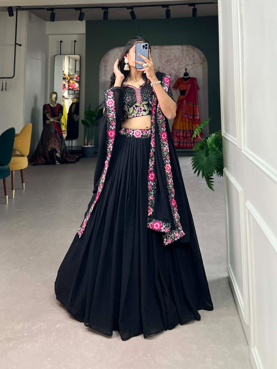 Black Georgette Navratri Lehenga Choli with Sequins & Embroidery Work – Mayara Women Clothing