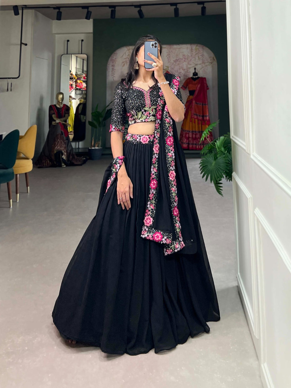Black Georgette Navratri Lehenga Choli with Sequins & Embroidery Work – Mayara Women Clothing