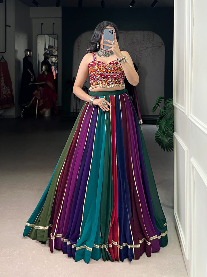 Designer Georgette Navratri Lehenga with Real Mirror Gamthi Work Blouse & 8 Meter Flair – Stitched Chaniya Choli